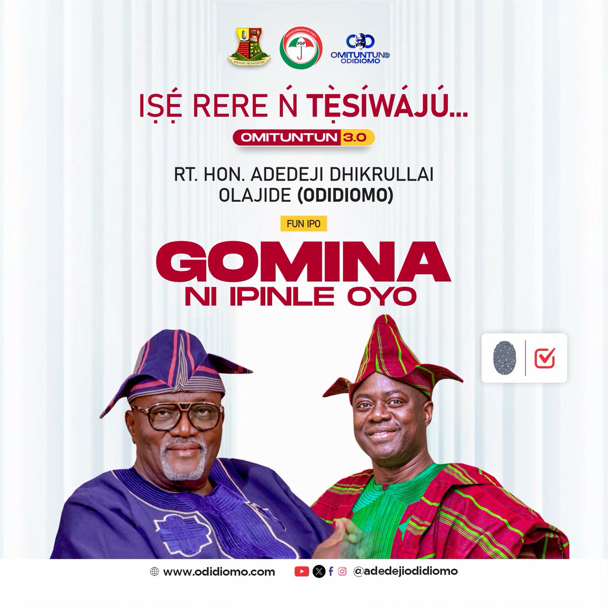 I humbly declare my intention to contest the 2027 Oyo State governorship election under the Peoples Democratic Party, with a commitment to succeed Seyi Makinde and build on his achievements for greater development across the state.

#seyimakinde 
#omituntun3
#odidioyo 
#odidiomo