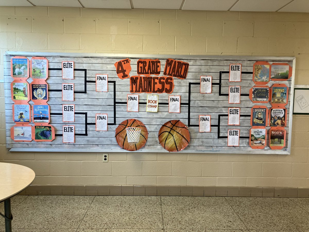 TadsTeachings's tweet photo. 4th Grade March Madness is in full effect! Mrs. Cook and Mrs. Logue did a slam-dunk job putting this all together! What book do you think will take the top spot? 🏀 @GoMESDukes @marlborosd https://t.co/pCyUpqpY8P