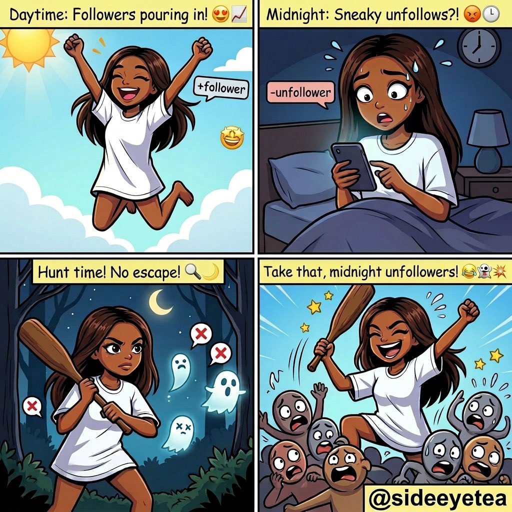 Daytime me: ‘I don’t chase followers, I chase impact.’  

2am me, wooden pestle in hand: ‘Who unfollowed me?