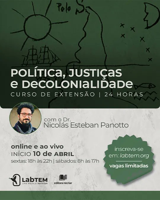 Pronto estaré impartiendo el curso intensivo "Política, Justiças e Decolonialidade" para el Laboratório de teologia, espiritualidade e mística (LabTEM - labtem.org) 
Inscripciones aquí editorarecriar.com/labtem/curso-d…