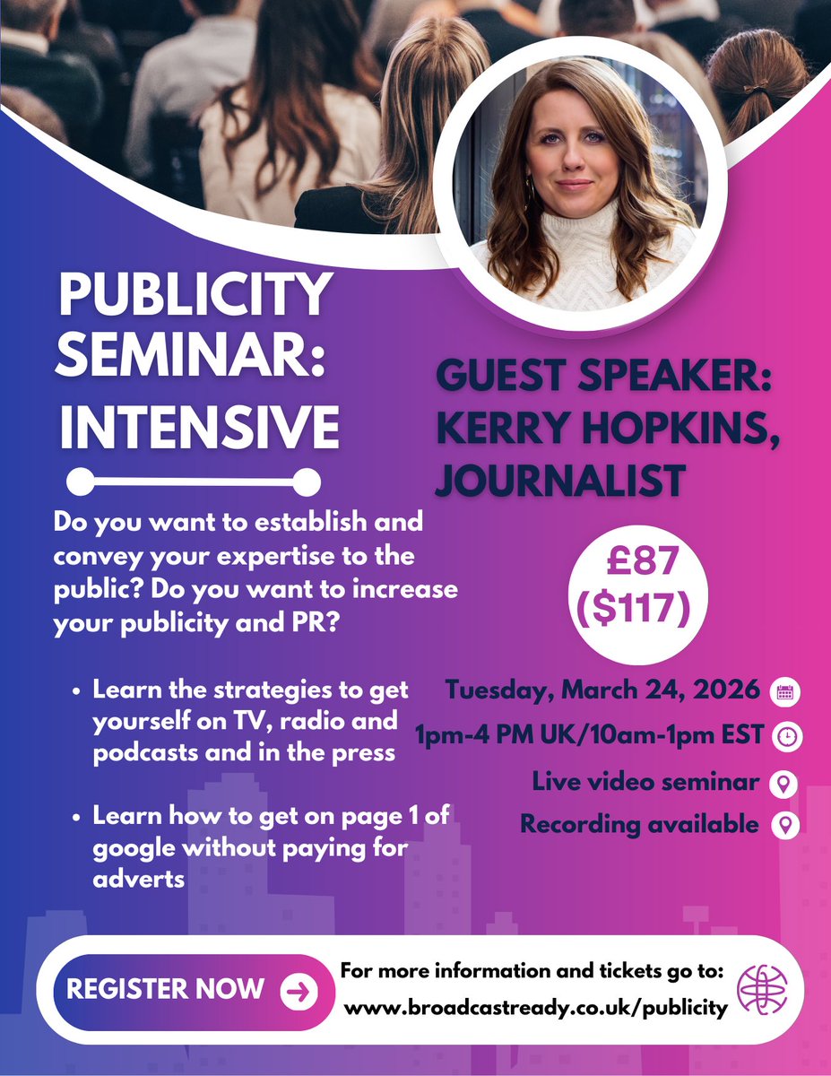KerryHopkinsTV's tweet photo. Publicity Seminar Intensive w journalist, Kerry Hopkins, on March 24. For mental health professionals &amp; self-employed experts who want to establish themselves as an expert in the media, or reach larger audience. Suitable for all levels

#journorequest #prrequest #journorequests https://t.co/JCxeFKvRkn