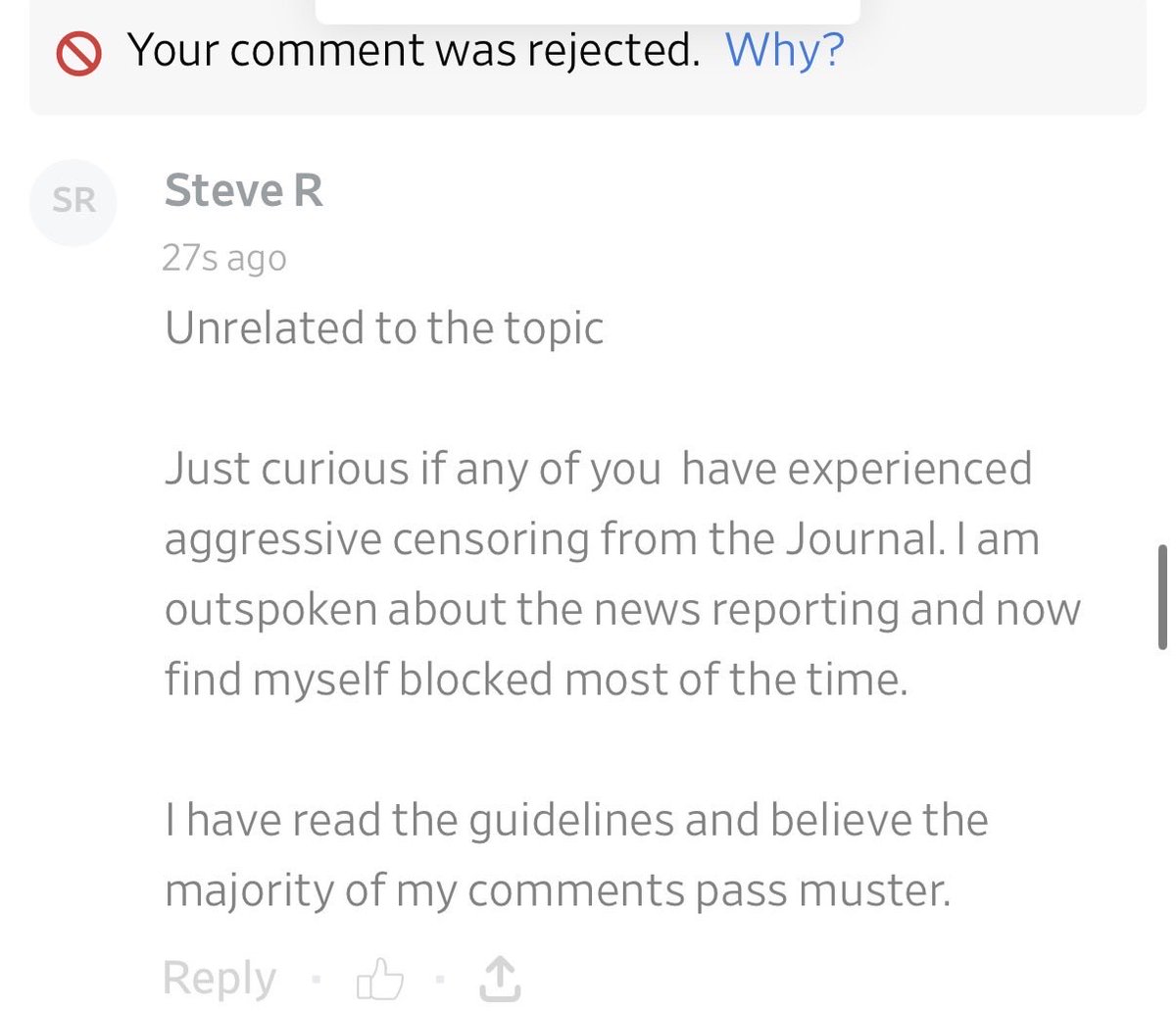 PSaeph's tweet photo. @WSJ I am being censored by the journal. I am a subscriber and am allowed to share my comments with other subscribers. Here is what the journals response is. https://t.co/tn87dwcNnt