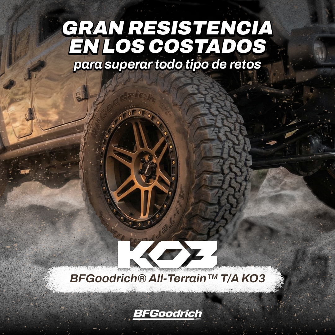 Con las BFGoodrich® All Terrain™ T/A KO3 tienes tecnología desarrollada en las carreras Baja en tu vehículo.

Su sistema de flexión ayuda a prevenir que palos o piedras dañen los costados. Esto es tecnología CoreGard.

Pruebas técnicas:
bit.ly/4sCgsYX

#AllTerrainTAKO3