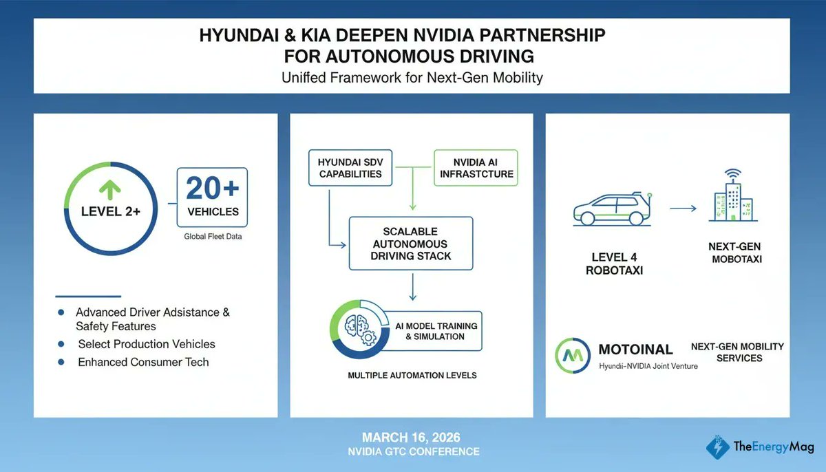 TheEnergyMag's tweet image. JUST IN: Hyundai Motor Group and Kia expand their partnership with NVIDIA to advance autonomous driving technology using the NVIDIA DRIVE Hyperion platform, targeting level 2+ systems and level 4 robotaxi capabilities. @NVIDIA $NVDA #Hyundai #Kia #nvidia #AI #GTC2026