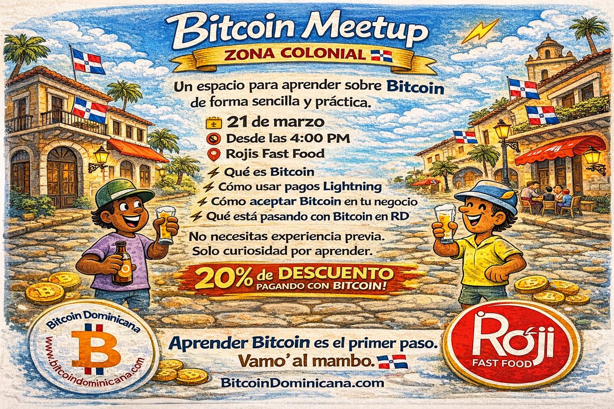 btcdominicana's tweet photo. Bitcoin adoption is growing in the Dominican Republic 🇩🇴⚡

Join our Bitcoin Meetup in Zona Colonial.

📅 March 21
🕓 4 PM
📍 Rojis Fast Food
⚡ Lightning payments
⚡ Bitcoin education
⚡ Local community
🍔 20% discount paying with Bitcoin

Learning Bitcoin is the first step.
Vamo' al mambo.
#Bitcoin #Dominicanrepublic #BitcoinDominicana
@cluborange @blinkbtc Find location @btcmap
