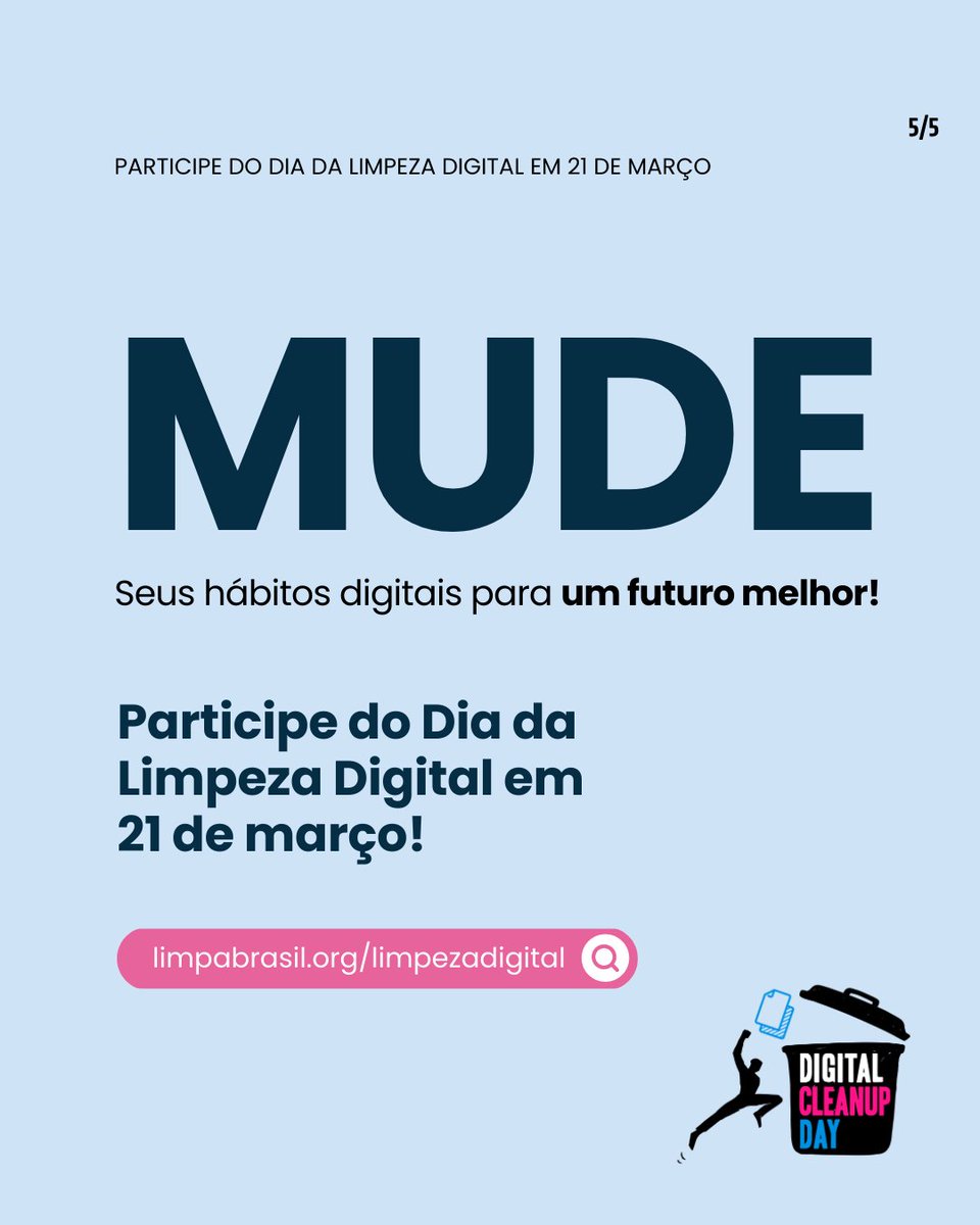 A poluição digital é o novo "plástico descartável". 🚫💻

Seu lixo eletrônico e arquivos inúteis pesam no planeta e aceleram o aquecimento global. É hora de fazer um detox digital pelo bem da Terra.

Faça parte do Dia da Limpeza Digital limpabrasil.org/limpezadigital