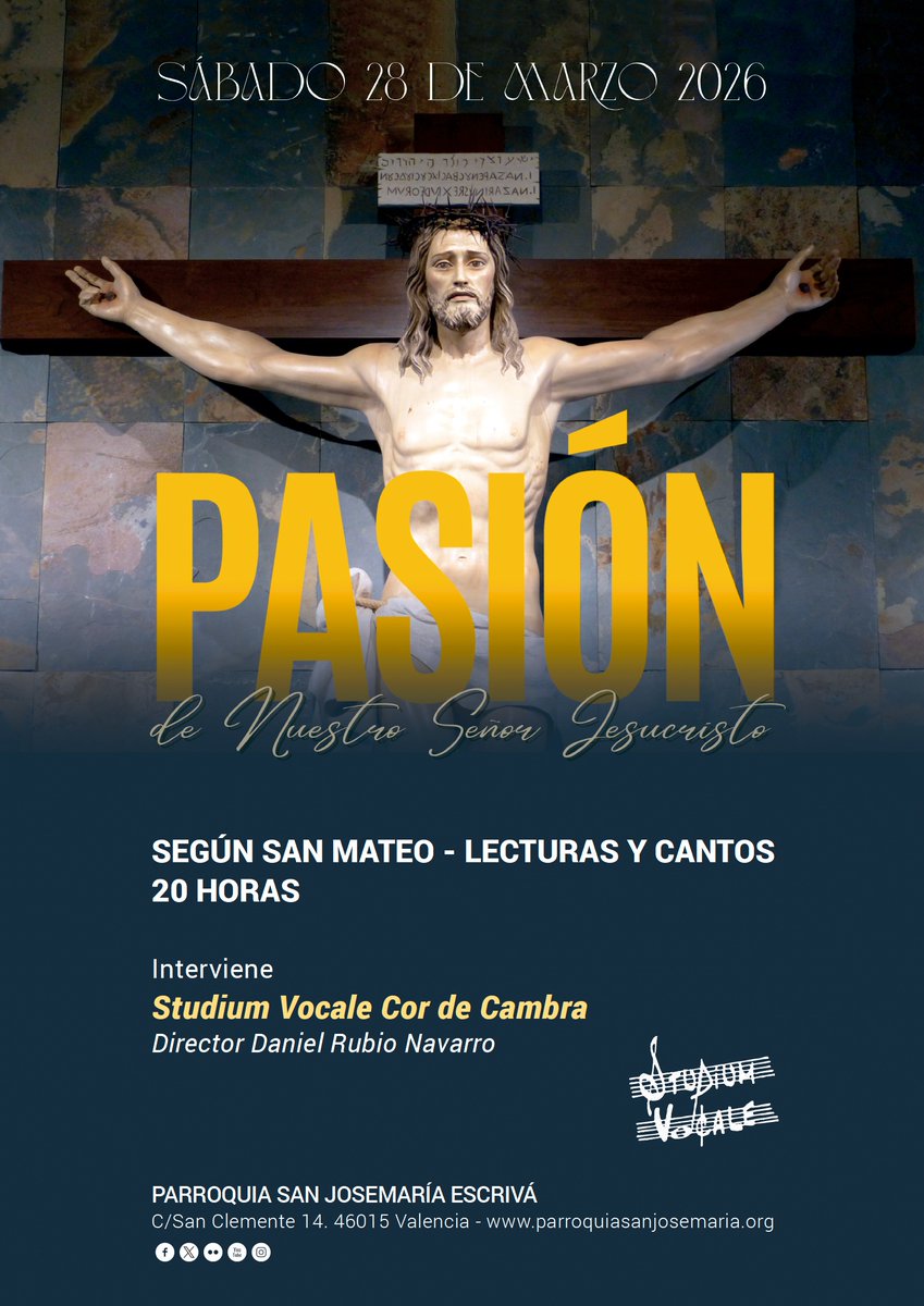 El próximo sábado 28 de marzo a las 20:00h., el Coro <a href="/STUDIUMVOCALE/">STUDIUM VOCALE</a>, dirigido por Daniel Rubio Navarro, ofrecerá un Concierto intercalado con la lectura de la Pasión de Nuestro Señor Jesucristo según San Mateo.
Os esperamos. Entrada libre.

 #LecturadelaPasión