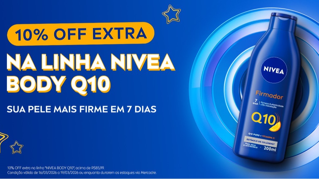 NIVEABRASIL's tweet photo. 10% OFF extra na linha "NIVEA BODY Q10", acima de R$85,99. Condição válida de 16/03/2026 a 19/03/2026 ou enquanto durarem os estoques via Mercado Livre.