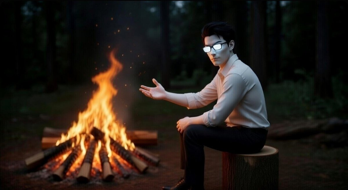 You find yourself in a dark wooden area, a single glowing campfire is before you with an odd man with glowing glasses gestures for you to join him.

What was your take when you find yourself going down this road you never expected? Did you expect any of what is happening now?
