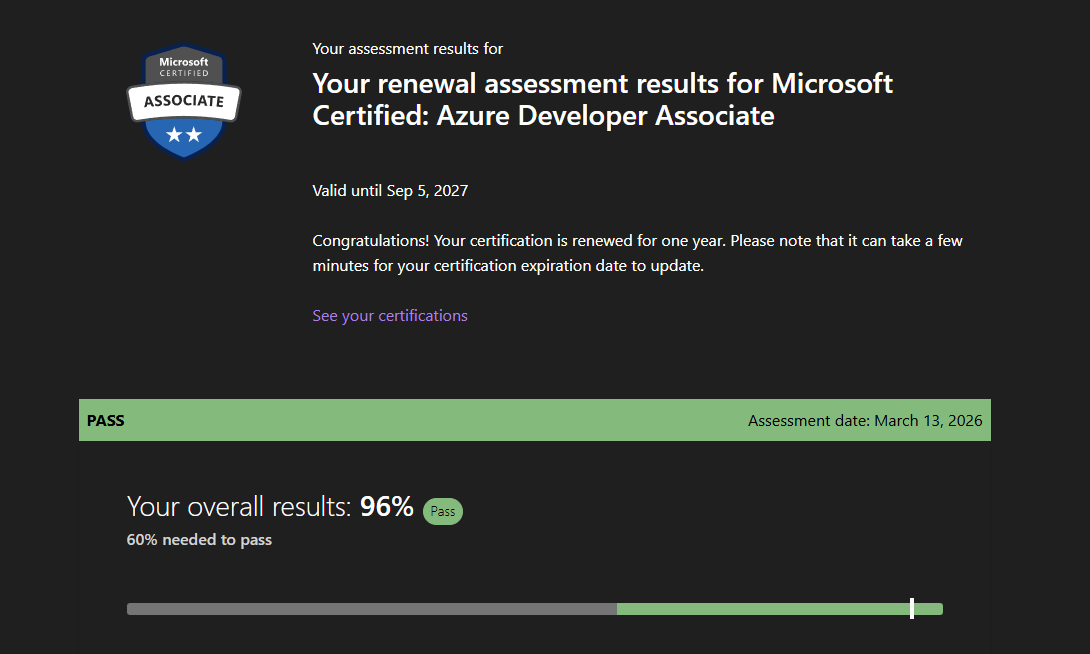 pcramirezs's tweet photo. Keep your certifications up to date ๐๐
@Microsoft Certified: Azure Developer Associate.
@MicrosoftLearn is getting better and better.
#AzureDeveloper #Certification #EmprendHEC #TutorIA https://t.co/5F3Ench5AV