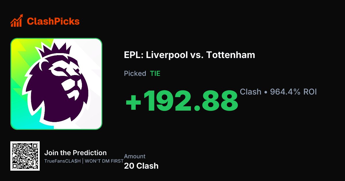 WE CALLED IT! ⚽

One of our community members spotted it.

Liverpool vs Tottenham…
Called the draw.

That pick delivered +964% upside. 🚀

The match ended 1–1 after a late equalizer in the closing minutes.

Conviction + timing. That’s what ClashPicks is all about.

See the