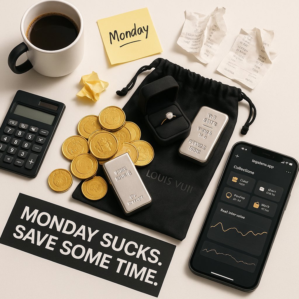 bigstashapp's tweet photo. Monday sucks. So don’t waste it hunting for receipts, appraisals, or “where did I put that?” moments. Track your jewelry, coins, gold & luxury bags in one place with https://t.co/Ptx1kPRGNR—valued in real time. Save time. Keep the flex. 

https://t.co/Ptx1kPRGNR
#BigStash
#Collectors
#LuxuryLifestyle
#JewelryCollector
#Gold
#CoinCollecting