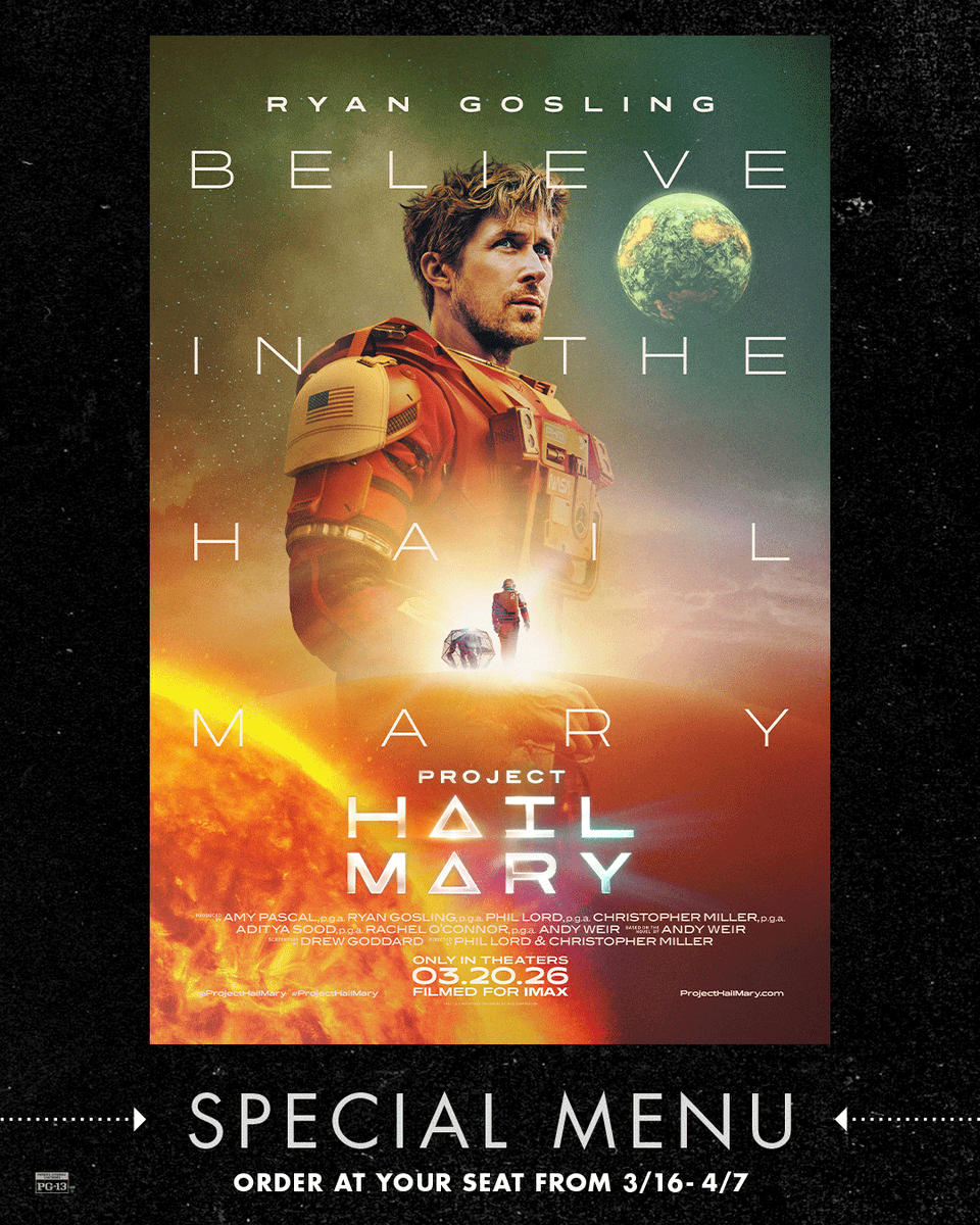 Fuel up for the mission with our exclusive PROJECT HAIL MARY menu, available at all shows starting today through 4/7. Sip A Drink With Grace, power your sweet tooth with the Astrophage Shake, and more. Menu rundown here: bit.ly/47R0X6r.
