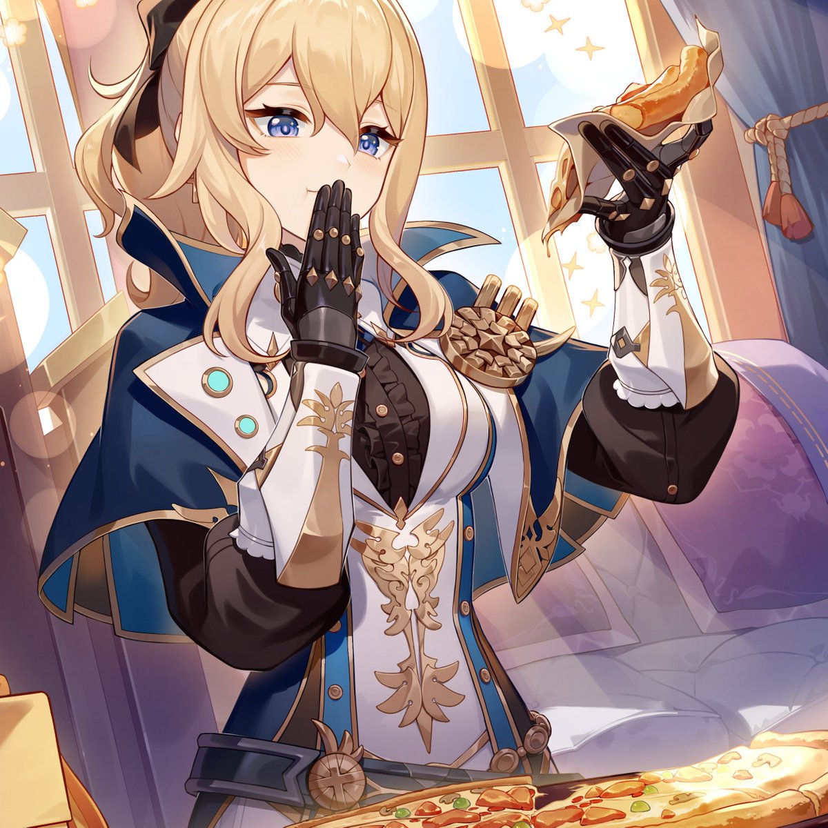 The clock struck noon.
A perfect time for lunch.

Jean, as diligent as she was, nearly worked through her midday meal on most occasions.

But not this time.
That fresh pizza called her name--
And even the acting grandmaster was not immune to its delicious temptation.