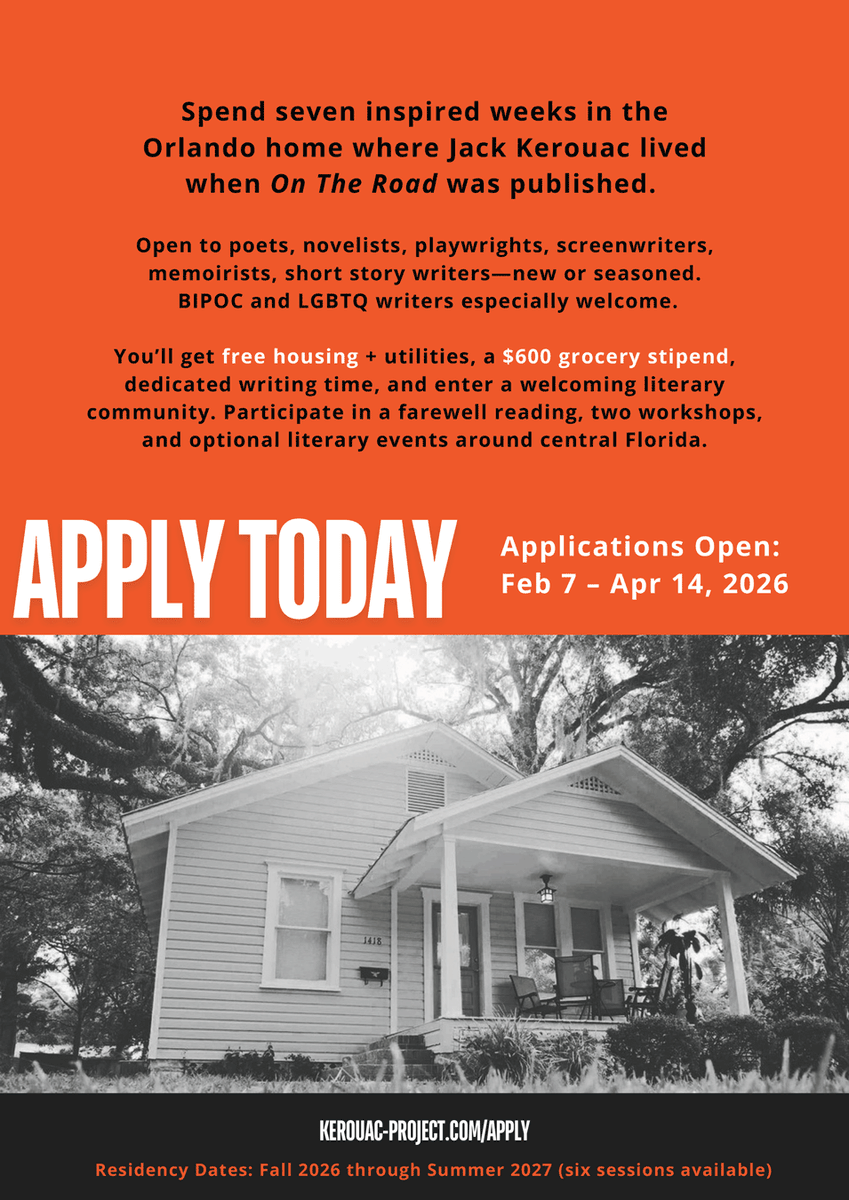 newpages's tweet image. Get seven weeks in Jack Kerouac's Orlando home—house to yourself, $600 grocery stipend, utilities covered. Fiction, poetry, plays &amp;amp; more welcome. Deadline to apply? May 1.

#writersresidency #literarylife #creativewriting @kerouac_project newpages.com/blog/events/ja…