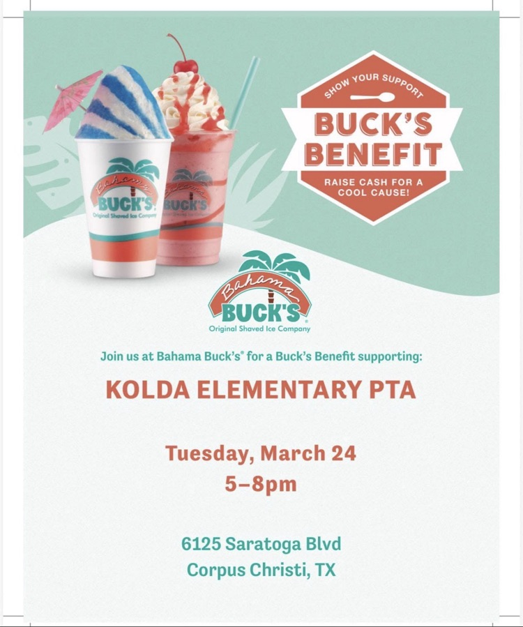 koldacadets's tweet photo. 🍧 Cool treats for a great cause!

Join us at Bahama Buck’s to support Kolda Elementary PTA on Tuesday, March 24 from 5–8 PM. A sweet way to give back to our school!

📍 6125 Saratoga Blvd, Corpus Christi
Bring the family and enjoy a treat while supporting our kids! 💙 https://t.co/eMxiMwyWrL