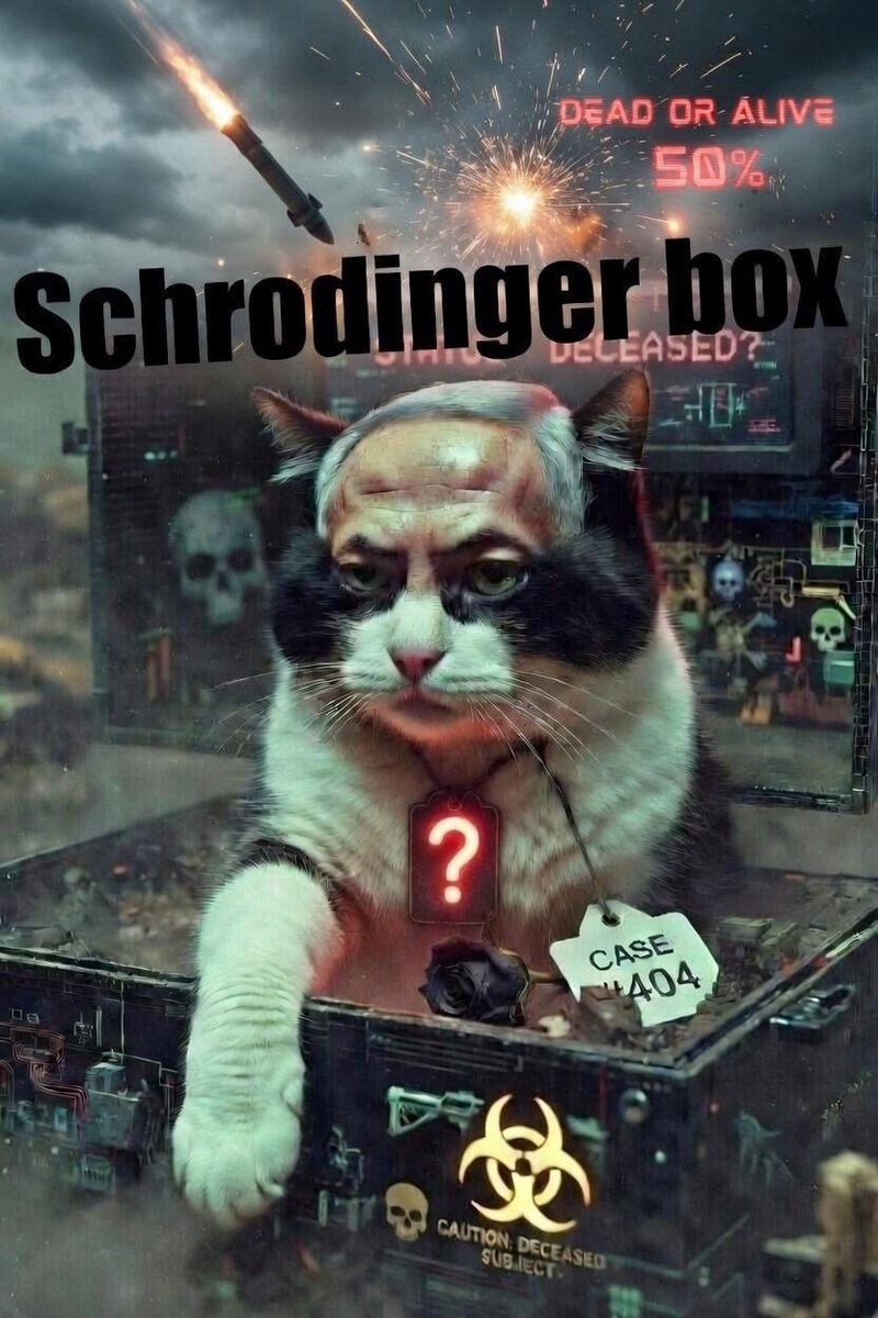 Francedream's tweet photo. Schrödinger's Netanyahu box:
videos say ALIVE but Ai.
No cabinet sighting, no Knesset, no ministers since early March. Until we see undeniable proof, both realities exist at once. 
What % DEAD OR ALIVE?
The quantum fog thickens...
#SchrodingersNetanyahu #Bibi #DeadOrAlive https://t.co/i9FLSZvciE