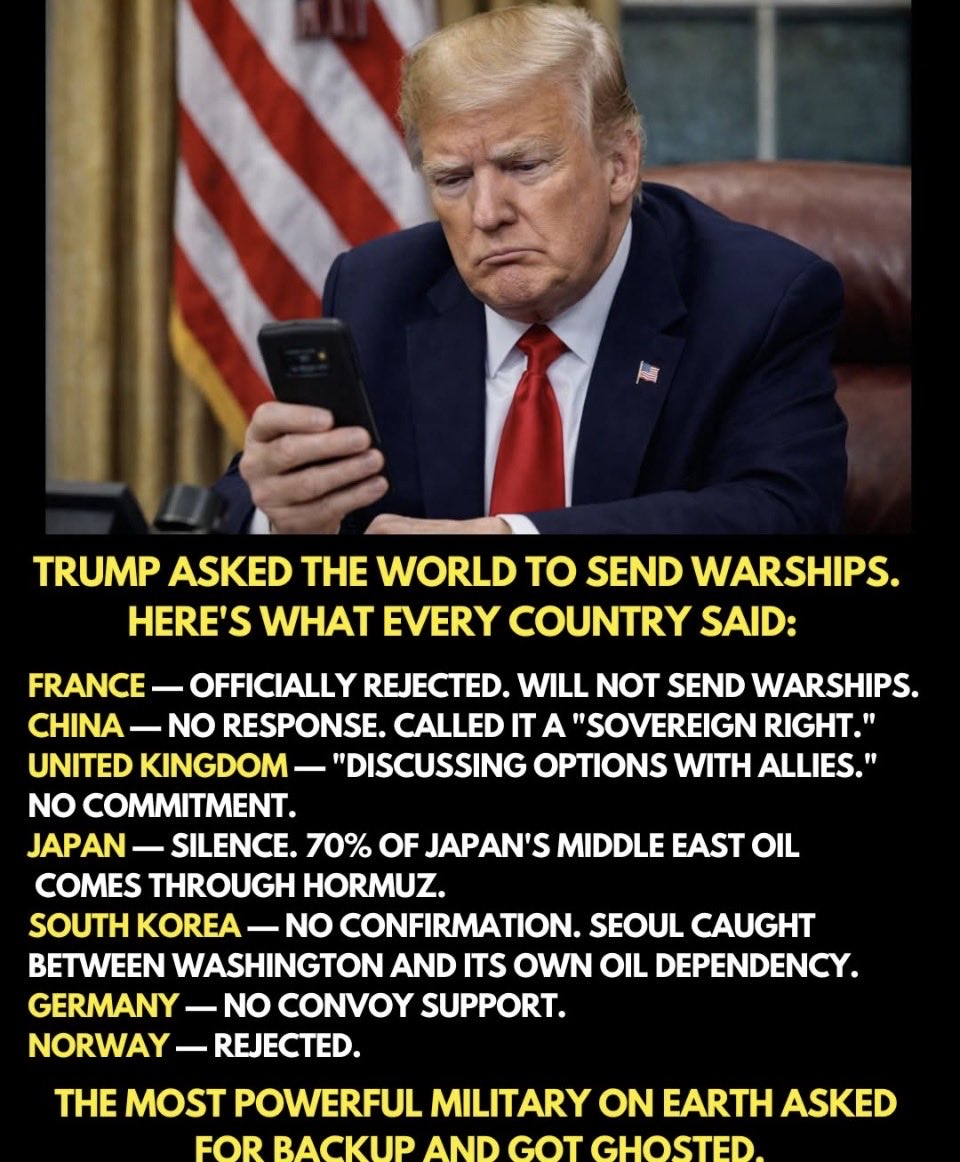 kukulpuka's tweet photo. Trump also calls on China, France, Japan, South Korea, the UK, and others to send war ships to Hormuz.

Oh. guy who starts a bar fight, gets his head put through the pool table, and then looks up helplessly https://t.co/bXRynyTdz4