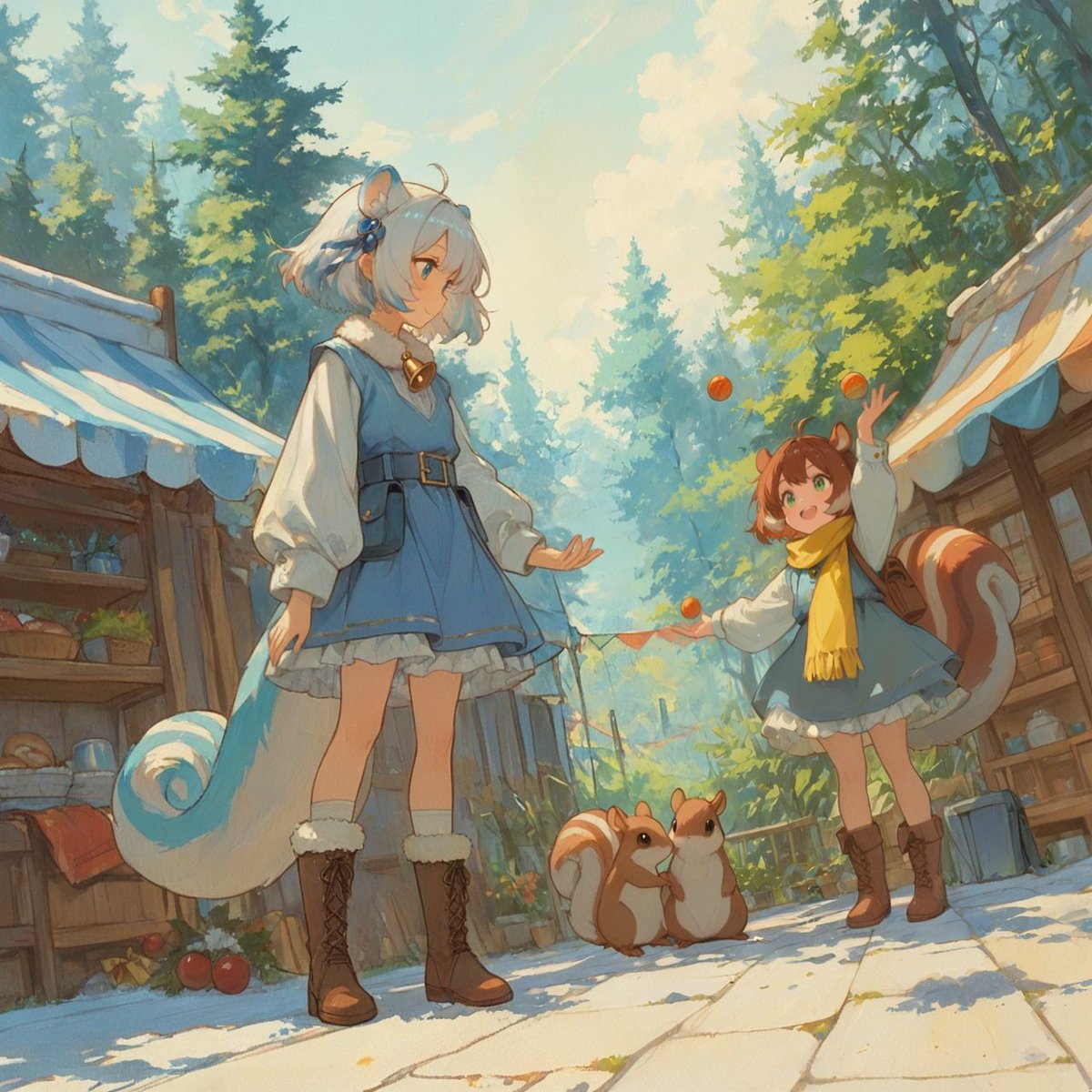 おはようございます☀️

リス子だよ！🐿️
大道芸人デビューしたよ！
報酬はもちろんパンと木の実でお願いします！
練習のエネルギー補給ってことで許してね！🐿️💨

#市場の風景 #大道芸人デビュー