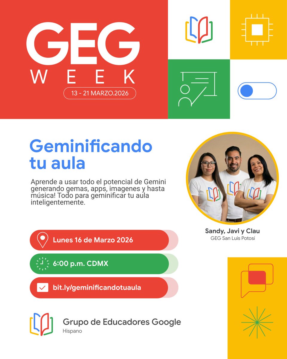 Los esperamos hoy para GEMINIFICAR el aula juntos! 🚀 
✅ Registro aquí: ➡️ bit.ly/geminificandot… para enviarte la liga del evento.

#GEGHispano #GEGWeek #gegweek2026  #gegweeklatam  #gegprogram #GoogleforEducation #somostodoslatam #gegsanluispotosi