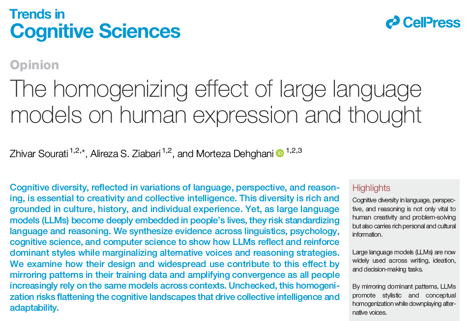 TrendsCognSci's tweet photo. The homogenizing effect of large language models on human expression and thought

Opinion by Zhivar Sourati, Alireza S. Ziabari, &amp; Morteza Dehghani

Free access before April 30: https://t.co/Zo5wILcWiW https://t.co/et0pSZYTf7