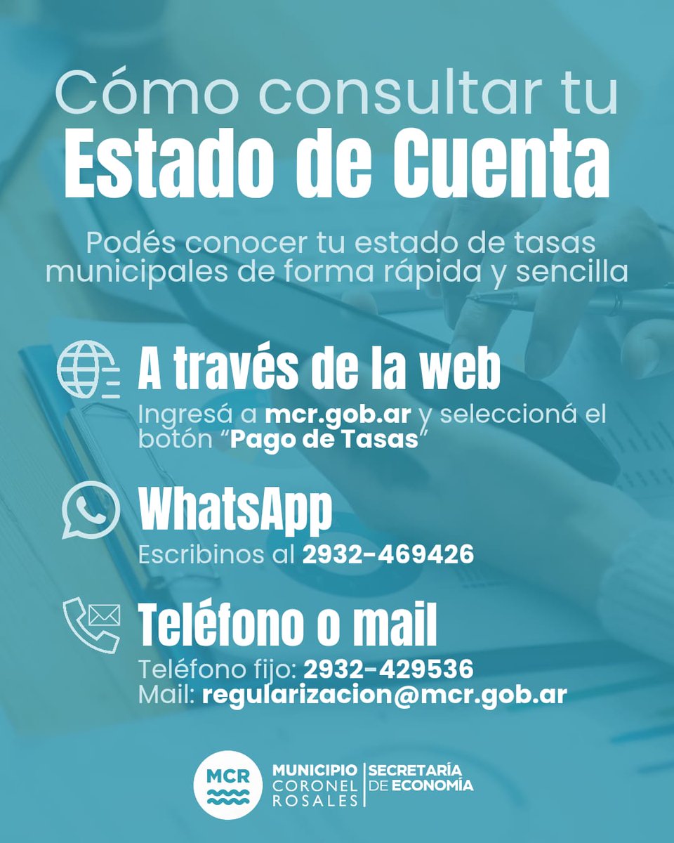 Mcoronelrosales's tweet photo. 📃 Consultar tu Estado de Cuenta de tasas municipales ahora es más simple.

👉🏻 Podés hacerlo de forma rápida y sencilla a través de la página web del Municipio, por WhatsApp, teléfono o correo electrónico. https://t.co/SBbG0YA70U