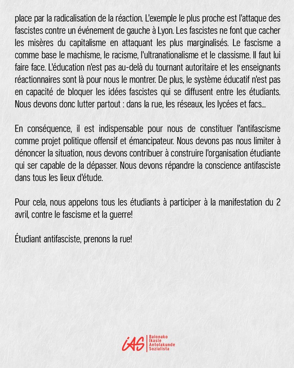 Ikastetxez ikastetxe faxismoaren eta gerlaren kontrako kontzientzia zabaltzen segitu behar dugu! Mobilizatzen segitu behar dugu!

Faxismoaren eta gerlaren kontra, ikasle altxa!

Ikasle antifaxistak karrikara!