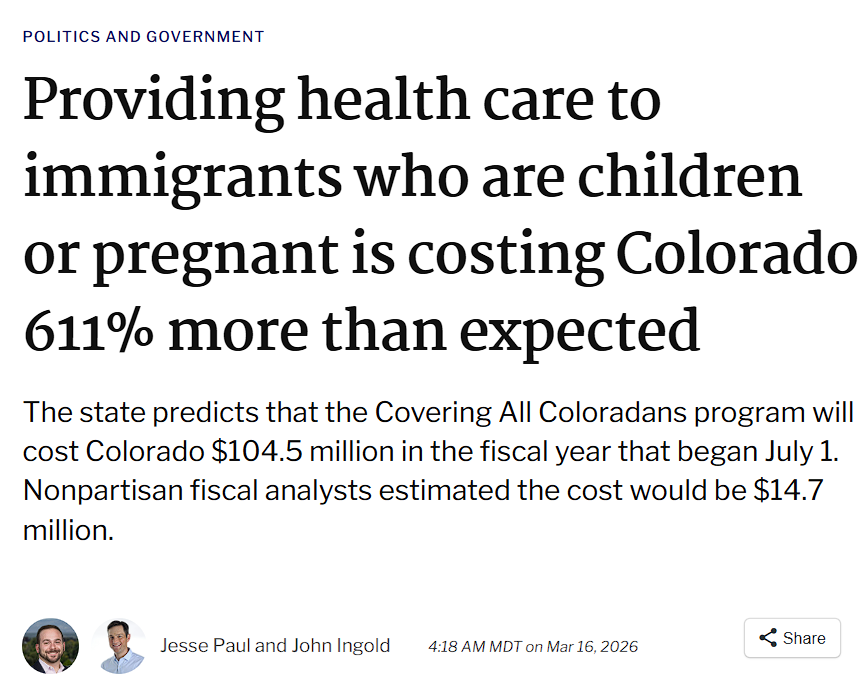Adams_GOP's tweet photo. 🚨 COLORADO BUDGET CRISIS: The Cost of "Sanctuary" is Skyrocketing 🚨

While hardworking Coloradans struggle with a rising cost of living, Denver Democrats have driven our state budget into a $1 billion hole. 

Let that sink in - Democrats have driven our state budget into a $1 billion hole.

The culprit? Extreme "Sanctuary State" policies and the "Cover All Coloradans" program.

The numbers are staggering:

A 611% CALCULATED FAILURE: Nonpartisan analysts predicted this healthcare program for illegal immigrants would cost $14.7 million. Instead, it’s ballooning to $104.5 MILLION this year alone.

ENROLLMENT EXPLOSION: Democrats estimated 3,700 enrollees; the actual number has surged to nearly 28,000.

YOUR TAXES AT WORK: Because these programs don’t qualify for full federal matches, 100% of the cost for many of these services comes directly out of the pockets of Colorado taxpayers.

Instead of prioritizing legal citizens and seniors on Medicaid, the Democratic majority is choosing to subsidize a border crisis they helped fuel. They’ve created a "Medicaid look-alike" that is now cannibalizing the state budget, leading to inevitable hikes in taxes and "fees" to cover their mathematical incompetence.

When will Colorado Democrats stop putting virtue signaling over fiscal sanity? It’s time to end the sanctuary status and put Colorado citizens first. 🏔️🚫

Trump didn't do this - Democrats did. 

@coloradodems @SenatorHick @MichaelBennet @pweiser 

#ColoradoPolitics #StopTheSpending #CoLeg #SanctuaryState #TaxpayerAlert #SaveColorado 

https://t.co/omNAc9ecln