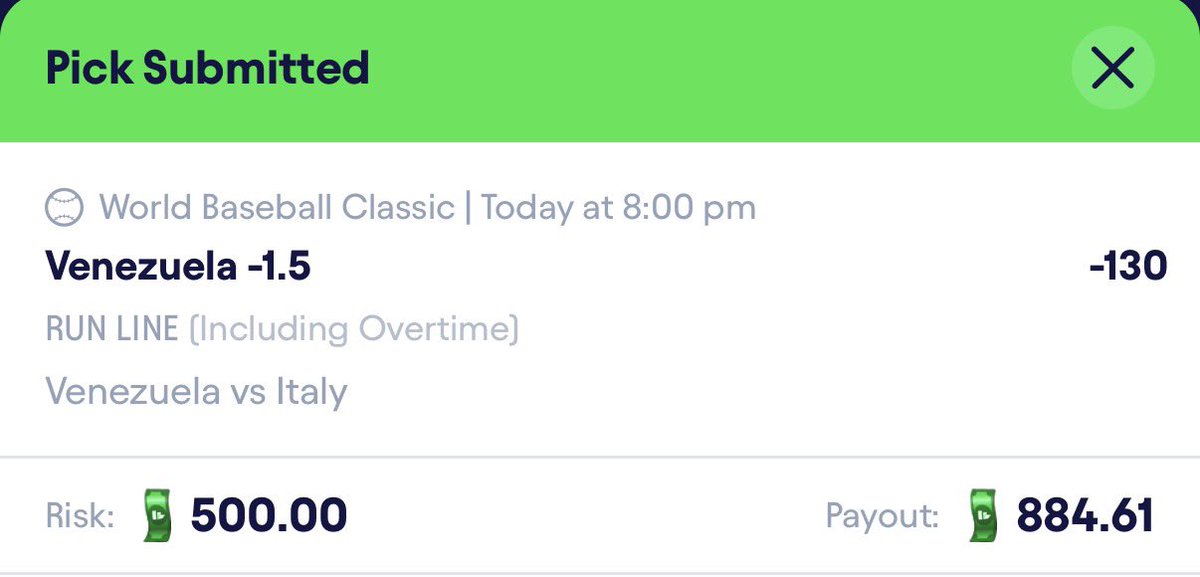 EliteZMT's tweet photo. 🚨⚾️ World Baseball Classic Play (2) ⚾️🚨- 3/16/2026

Fliff - (-130)($500 to win $884.61)

Venezuela Run Line Spread -1.5 (-130) https://t.co/bLDNaMvY4p