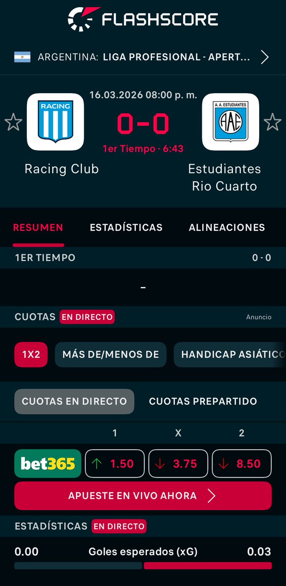 Acompañando ⚽️
Racing Club - Estudiantes Rio Cuarto 0:0

Más información: flashscore.es/r/?t=1&id=2eeF…