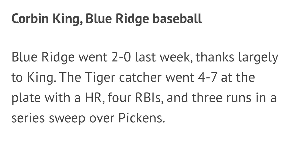 BRTigerBaseball's tweet image. VOTE for @CorbinKing24 for @GreerNewsSports Player of the Week! In addition to the IMPRESSIVE offensive numbers, he was also STELLAR defensively behind the plate in every phase (receiving, blocking, throwing, &amp;amp; leading)! #StaysHungry #ClutchCompetitor
