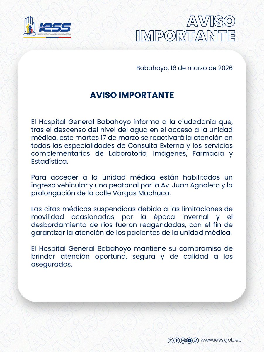 #IESSteComunica que desde este martes 17 de marzo se reactiva la atención en Consulta Externa en el 🏥 Hospital General Babahoyo

Detalles ⬇️
