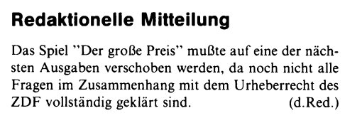 Retrojournal_de's tweet photo. INPUT 64, Redaktionelle Mitteilung:

Das Spiel „Der große Preis“ erscheint später,
weil das Urheberrecht mit dem ZDF noch geklärt werden muss.
Retro-Game-Development hatte schon damals seine Hürden. 😉

#RetroComputing #INPUT64 #HEISE https://t.co/c0enP2WpeO