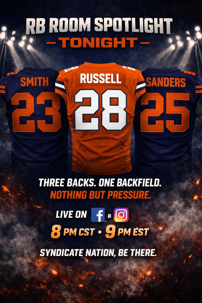 ⚡ SYNDICATE TONIGHT — RB EDITION ⚡

The running backs are stepping into the spotlight.

🏈 Trey Sanders
🏈 Zack Russell
🏈 Rayquan Smith
Three backs. One backfield. Built for the takeover.
Hear their story, their mindset, and what drives the Syndicate grind.

📺 Live-streamed