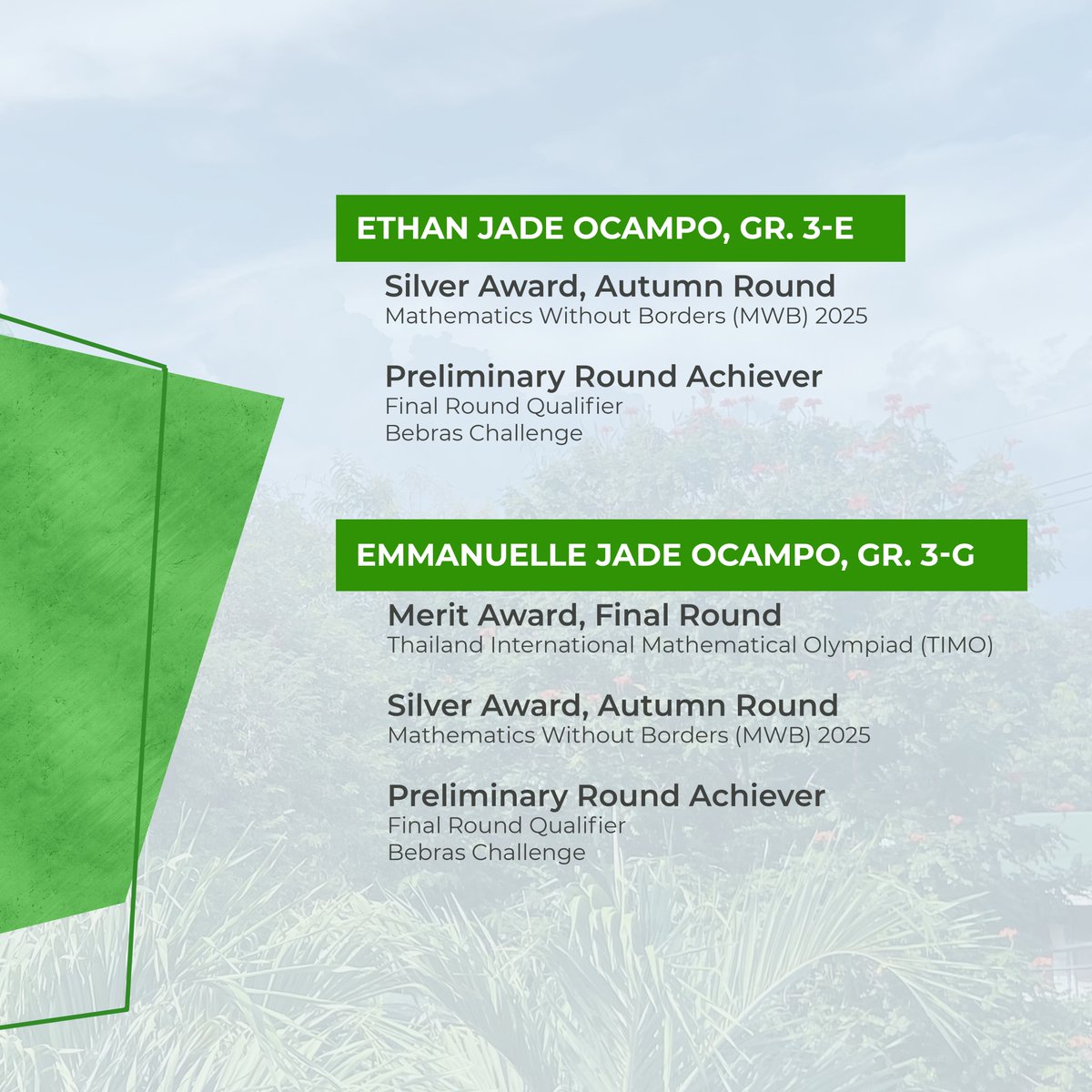 Brains at Work on the Global Stage!
Third-grade Ocampo twins, Ethan of Grade 3‑E and Elle of Grade 3‑G, proudly represented La Salle Green Hills and the Philippines at the Thailand International Mathematical Olympiad Final Round. In this competition, young mathematicians tackle