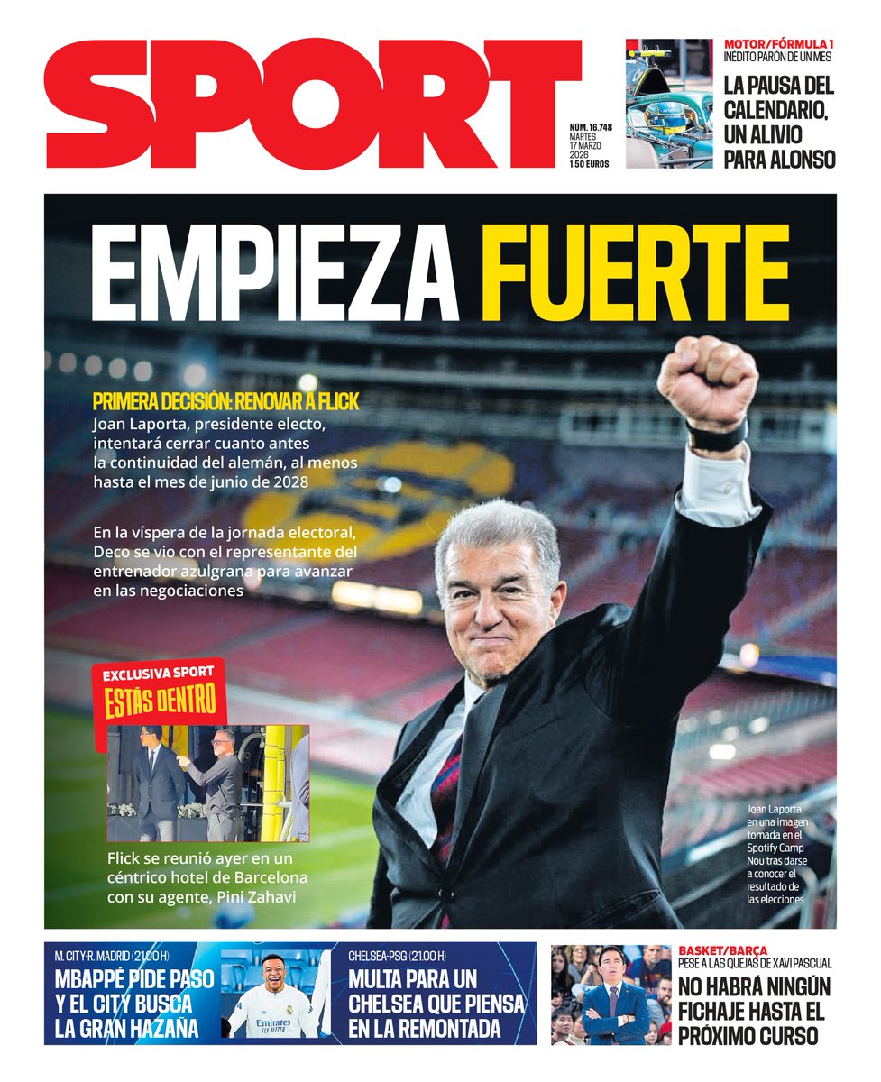 sport's tweet photo. 🗞️ Portada SPORT

🔥🔵🔴 Empieza fuerte
⚽✨ Mbappé pide paso y el Manchester busca la gran hazaña
🚨💼 Multa para un Chelsea que piensa en la remontada

🔗 https://t.co/AfwICHAFbC https://t.co/HjW6fytRjk