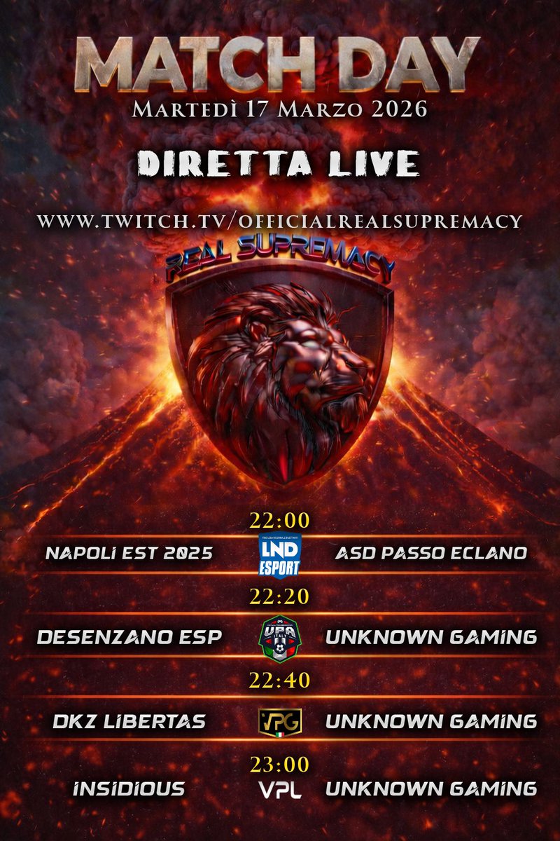 RealSupremacy26's tweet photo. 🏆 Martedì 17 Marzo MATCHDAY | Real Supremacy
⚽ NAPOLI EST 2025 | 22:00 | LND
⚽ Desenzano eSp | 22:20 | VPA
⚽ DKZ LIBERTAS  | 22:40 | VPG
⚽ Insidious  | 23:00 | VPL
#RealSupremacy #VPL #FC26 #ProClub
▶️ Diretta Live sul nostro canale Twitch
https://t.co/DmaPKjaira https://t.co/b9yFW442Te