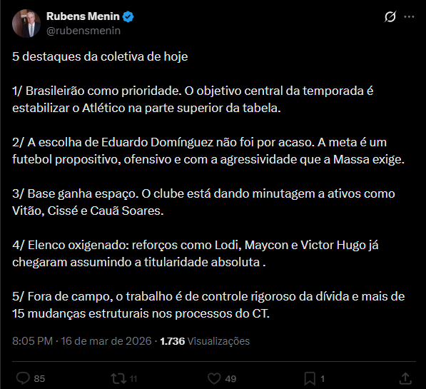 O <a href="/rubensmenin/">Rubens Menin</a> bloqueou vários, porque se não tivesse feito iria chover de comentários expondo o mau caratismo dele no post

1/ O Galo NÃO está na parte superior da tabela

2/ O Barba NÃO é um treinador ofensivo

3/ A base NÃO tem espaço nenhum

4/ Alguns muito mal

5/ Piada.....