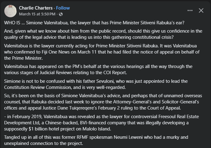 Sakefiji's tweet photo. Ok Charlie Charters just dropped the tea on who is actually the Fiji PM's legal counsel🧐

"And, given what we know about him from the public record, should this give us confidence in the quality of the legal advice that is leading us into this gathering constitutional crisis?"🤦🏽 https://t.co/c6ExqHvSEC