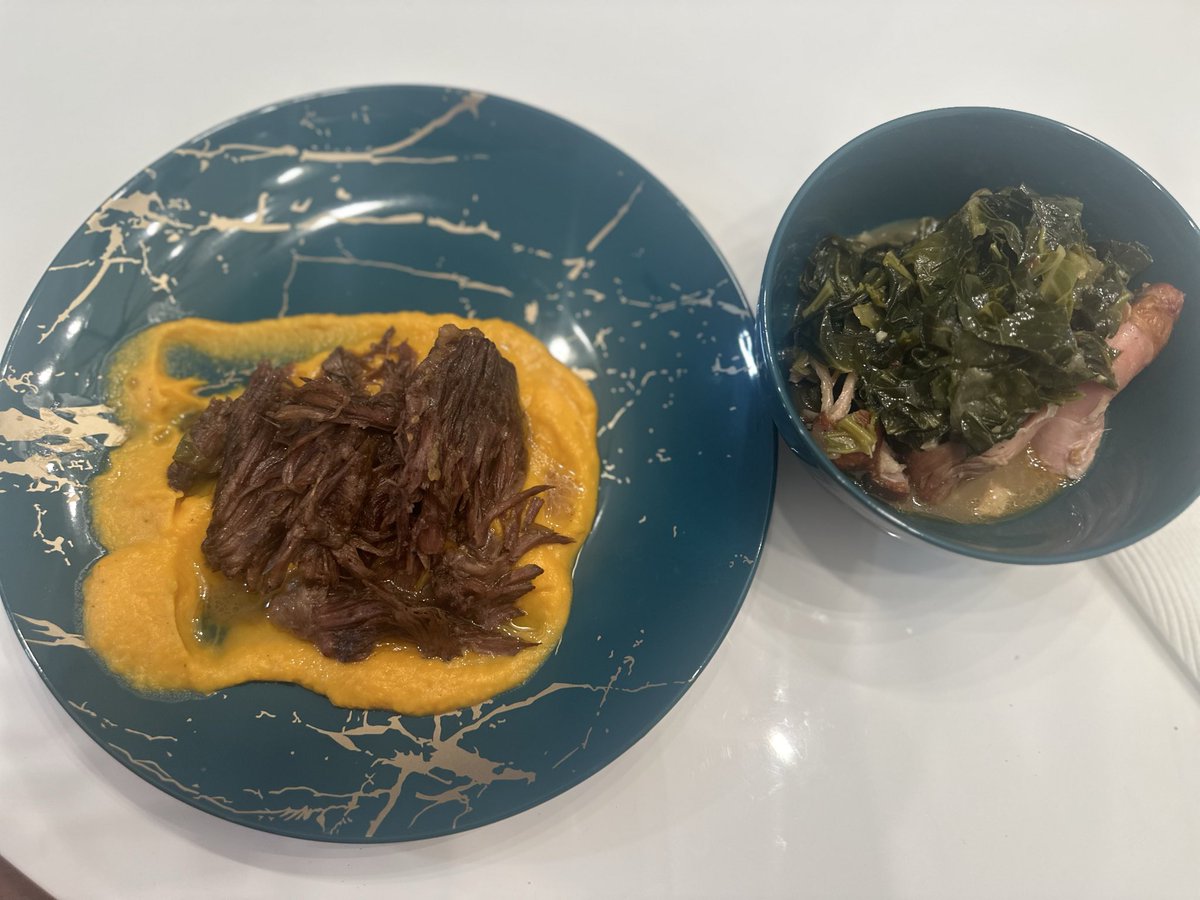 Chef, I have prepared for myself, shredded beef that sits on a butternut squash purée. Also a bowl of collard greens and turkey wings that were prepared with my special blended spices. Enjoy. #chopped home edition 😂😭