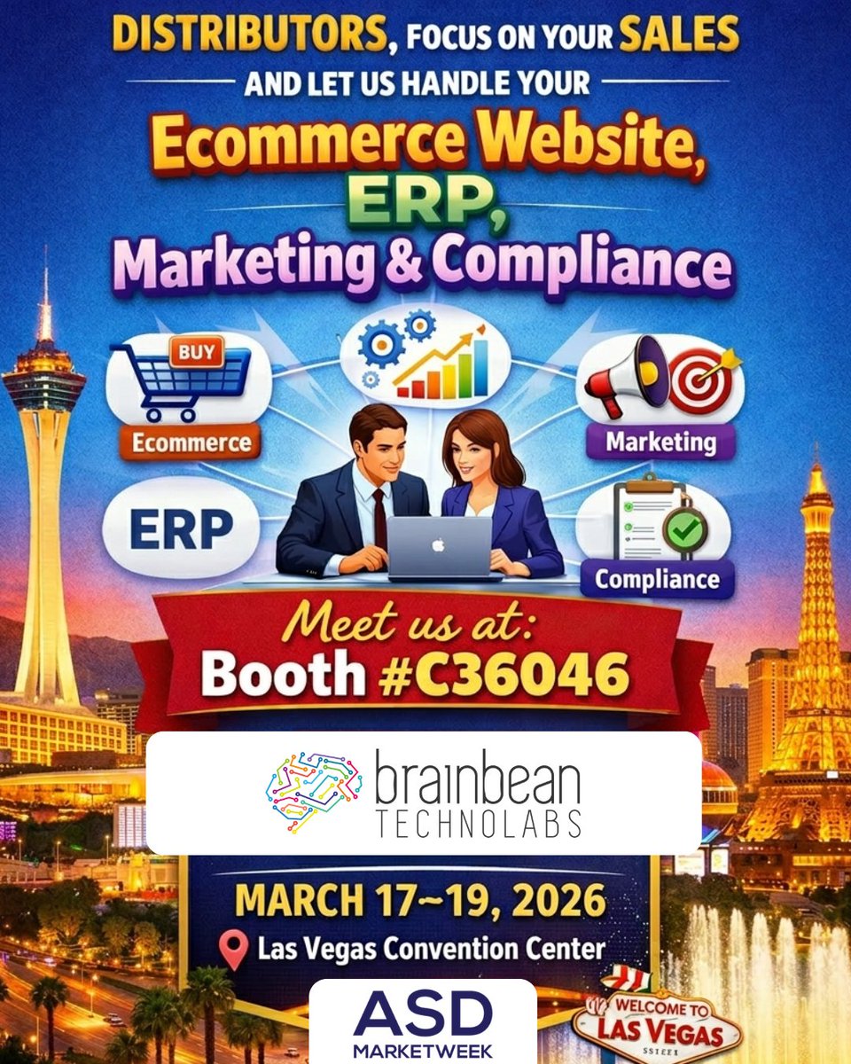 Brainbeantech's tweet photo. Let BrainBean handle the tech while you focus on selling more.
Come meet us at ASD Market Week!
🎪 Booth #C36046
📍 Las Vegas Convention Center
📅 March 17–19, 2026
#ASDMarketWeek #ASDLasVegas #WholesaleDistribution #B2BCommerce #DistributionBusiness #LasVegasTradeShow https://t.co/PwW6BxBgaZ