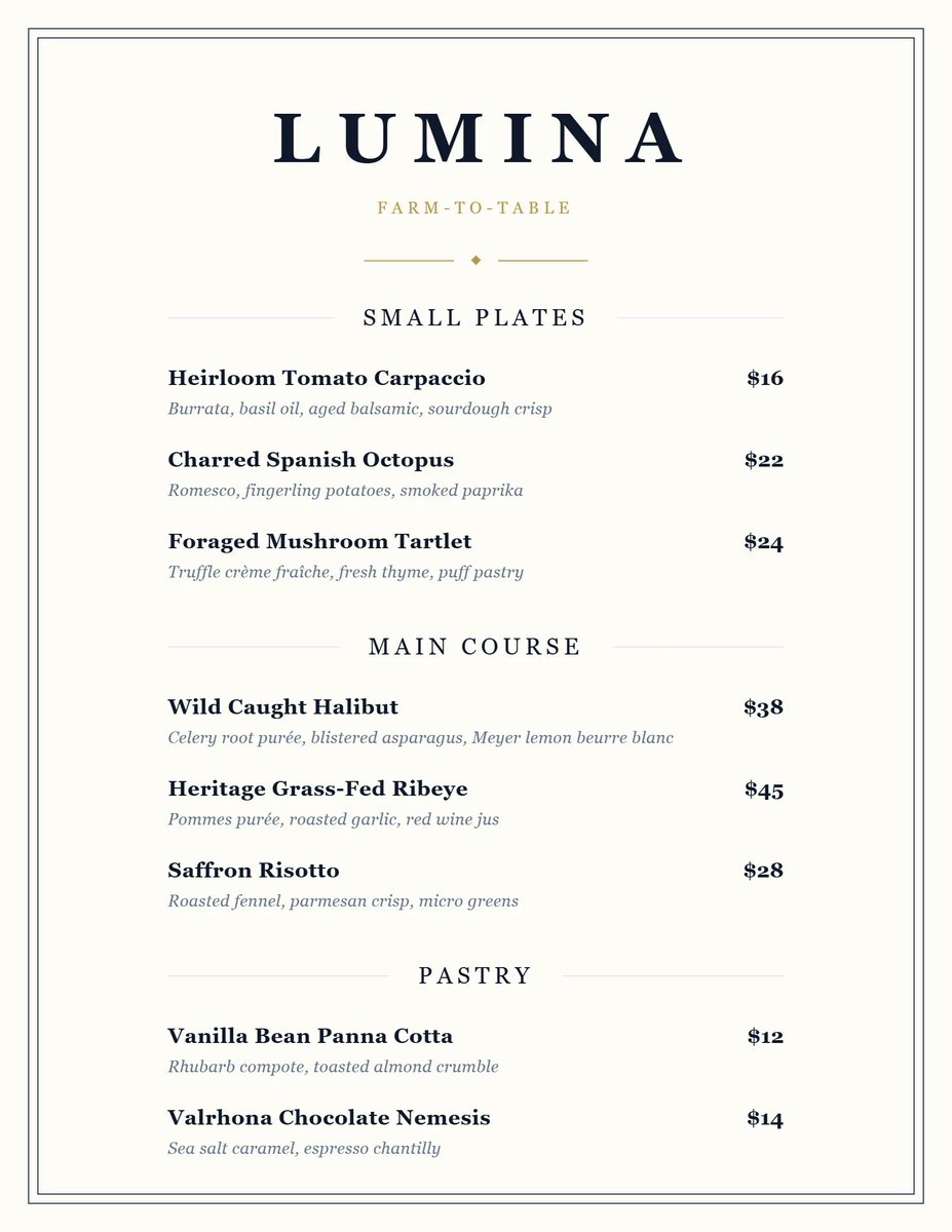 docudesign_'s tweet photo. I've been experimenting with AI-generated restaurant menus.

One prompt generates the full layout.

Afterwards you can click any text and edit it inline, so updating prices or dishes takes seconds.

Curious, how often do you redesign your menu, and what design tool do you use? https://t.co/2fKJWltov5