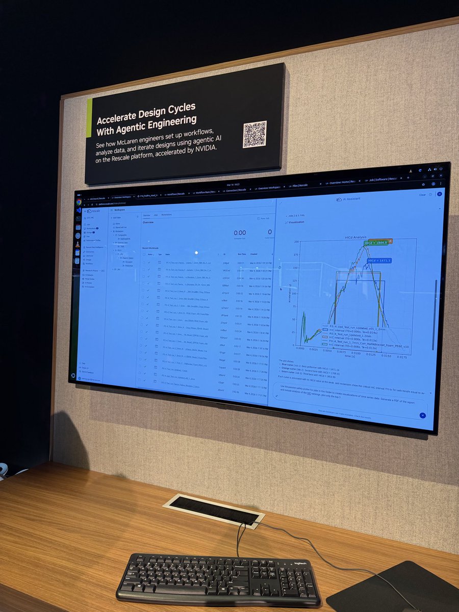 McLaren + Rescale + NVIDIA showed a compelling vision for engineering AI:
AI physics digital twins to simulate and visualize performance, plus agentic engineering workflows to analyze data, automate iteration, and accelerate design cycles.
