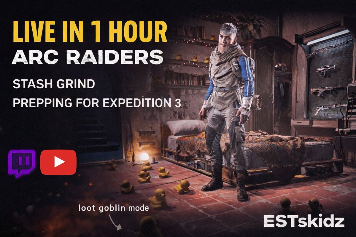EstSkidz's tweet photo. Solo Arc Raiders tonight.

No quests — just stash grinding and prepping for Expedition 3.

Time to stack loot 🦆

LIVE IN 1 HOUR

https://t.co/jRHDV4aAb9
https://t.co/Mv5SwxMw2v

#ArcRaiders #LiveStreaming #Twitch #YouTubeGaming https://t.co/XaQvgtDIGq