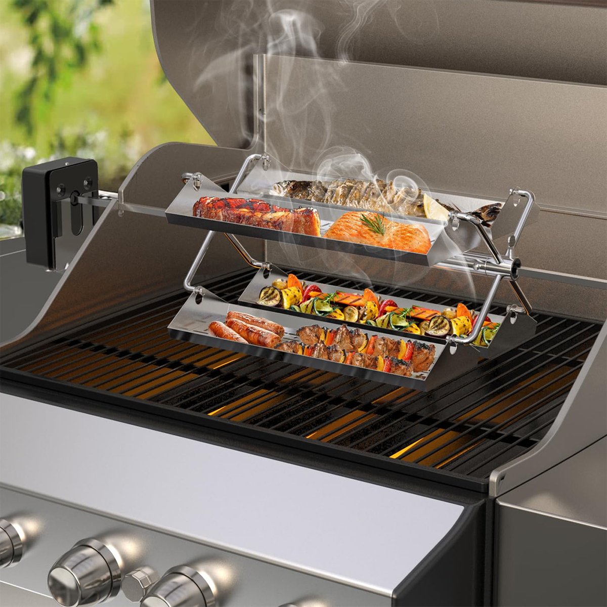 thegreenhead's tweet photo. Onlyfire Rotating BBQ Rotisserie Basket 🥩🍗🌽🍔
This multiple tray stainless steel rotisserie basket for grills and smokers cooks up a feast of steaks, ribs, seafood, pork, vegetables, nachos, chicken, burgers, and more.
Link in comments.
#grilling #cooking #feasts #innovations