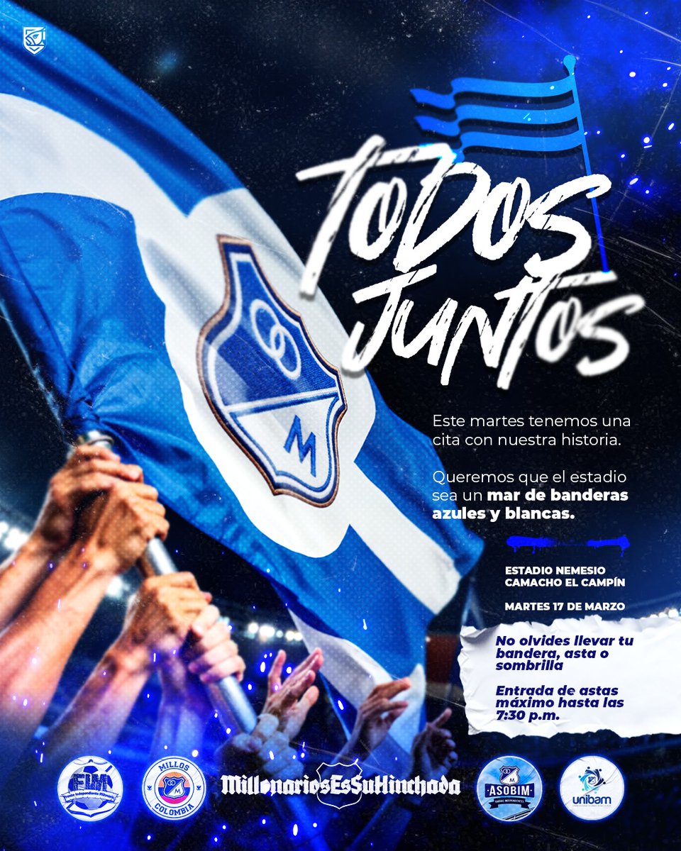 Porque nuestra historia se escribe y se defiende 𝒋𝒖𝒏𝒕𝒐𝒔. 🔵⚪️

Este martes hagamos de El Campín un mar azul y blanco. Lleva tu bandera, asta o sombrilla y alentemos unidos.

¡Vamos <a href="/MillosFCOficial/">Millonarios FC</a>!

#MillonariosEsSuHinchada