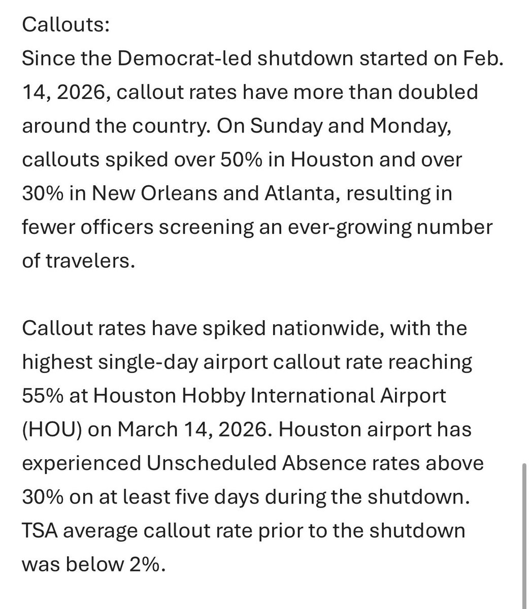 New from <a href="/DHSgov/">Homeland Security</a> — stats on significant impact from partial government shutdown to <a href="/TSA/">TSA</a> — just over 10% of TSO’s did not show up for work on Sunday reuters.com/world/us/us-ai…