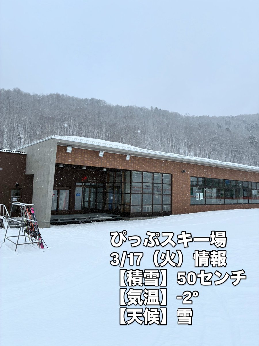 pippuski's tweet photo. ぴっぷスキー場です。
3/17（火）営業情報　8:40現在
営業時間　9:00〜16:00
気温    -2°
積雪　50センチ
天候　雪
運行リフト:第2リフトA線、第6リフト
運休リフト:第2リフトB線、ロープリフト
※ナイター営業、ロープリフト今シーズン終了しました。
現在、雪が降っています！ https://t.co/kUi22AJfFT
