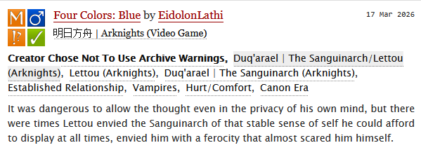 I wrote a new Duq'arael/Lettou fic. It occurred to me that I haven't written something set during the canon-era since a while. Going back to that timeframe, there’s a lot to reflect about. Fic on AO3:
archiveofourown.org/works/81338666
