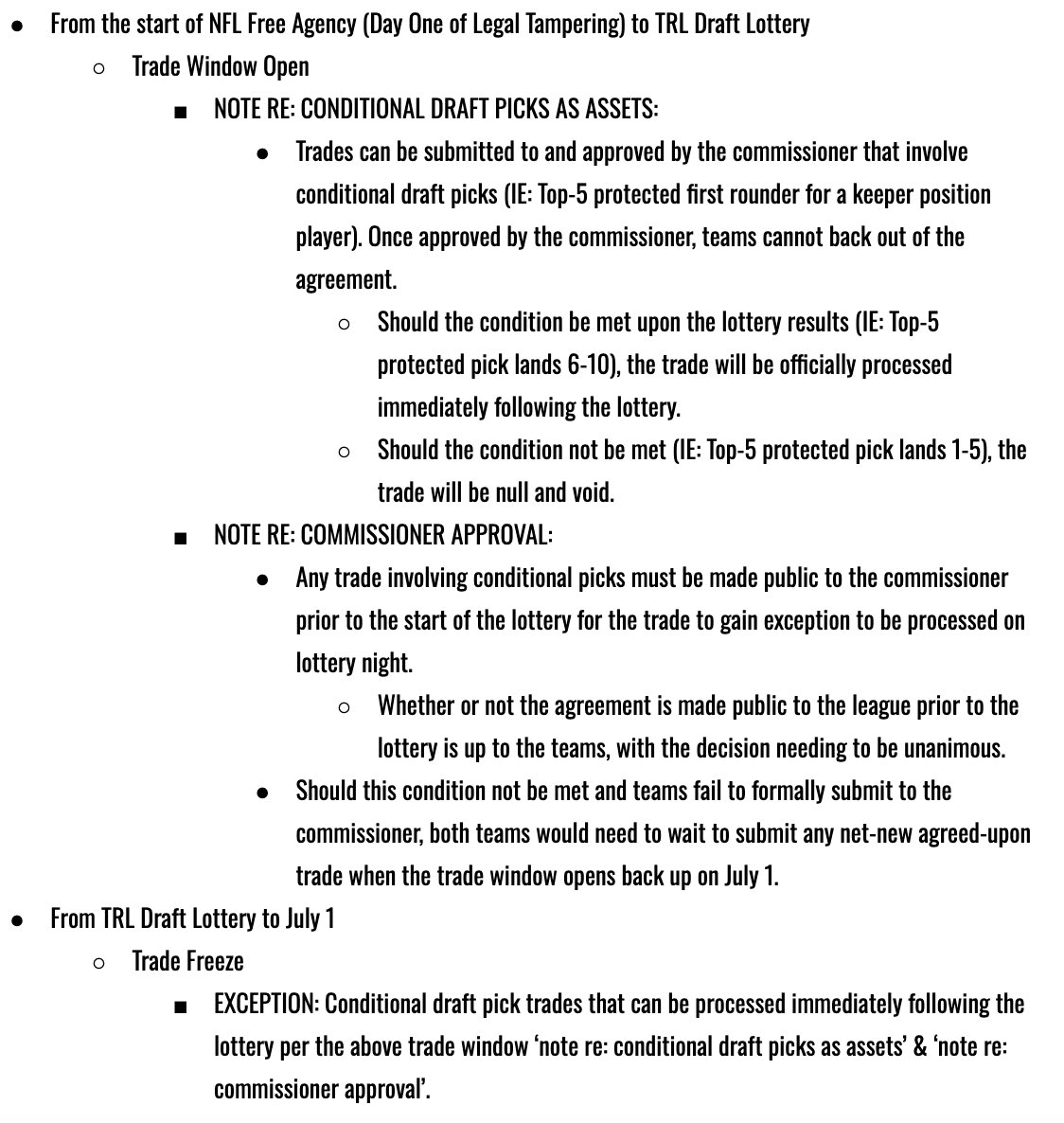 TheRadLeagueX's tweet photo. 📝 Important Note Re: Our Current Trade Window.

🔁 Trades involving conditional draft picks prior to the lottery can be agreed upon at this time, and processed immediately following the lottery. Further details &amp; formal approval process below. ⬇️ https://t.co/80qHe1mqz6